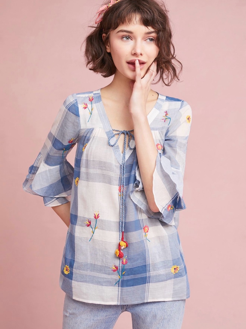 Anthropologie Blue and White Plaid Embroidered Tie-Neck Tunic